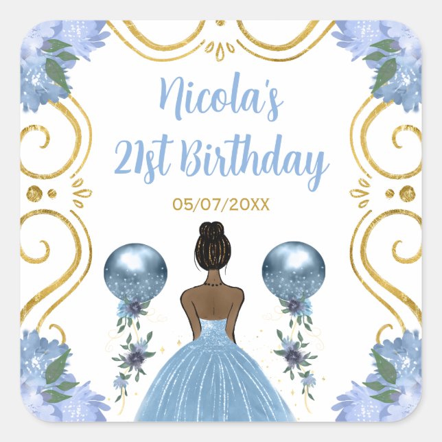Pegatina Cuadrada Birthday Party Dark Skin Princess in Dusty Blue (Anverso)