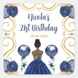 Pegatina Cuadrada Birthday Party Dark Skin Princess in Navy Blue