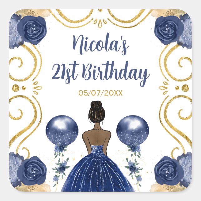 Pegatina Cuadrada Birthday Party Dark Skin Princess in Navy Blue (Anverso)