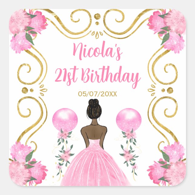 Pegatina Cuadrada Birthday Party Dark Skin Princess in Pink (Anverso)