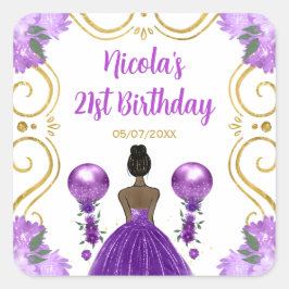 Pegatina Cuadrada Birthday Party Dark Skin Princess in Purple