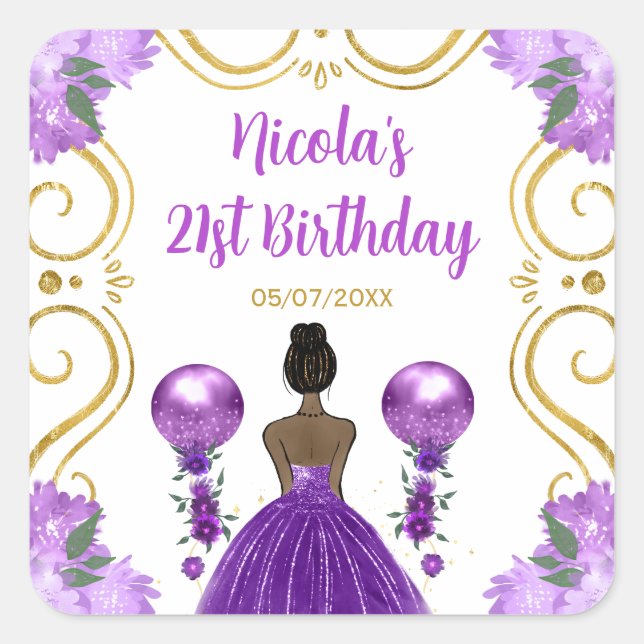 Pegatina Cuadrada Birthday Party Dark Skin Princess in Purple (Anverso)