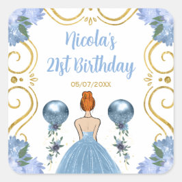 Pegatina Cuadrada Birthday Party Red Hair Princess in Dusty Blue
