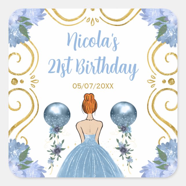 Pegatina Cuadrada Birthday Party Red Hair Princess in Dusty Blue (Anverso)