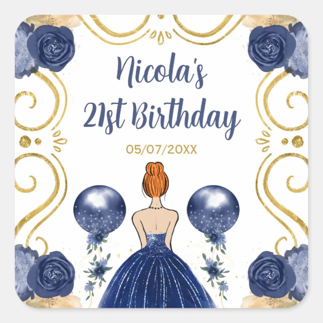 Pegatina Cuadrada Birthday Party Red Hair Princess in Navy Blue (Anverso)