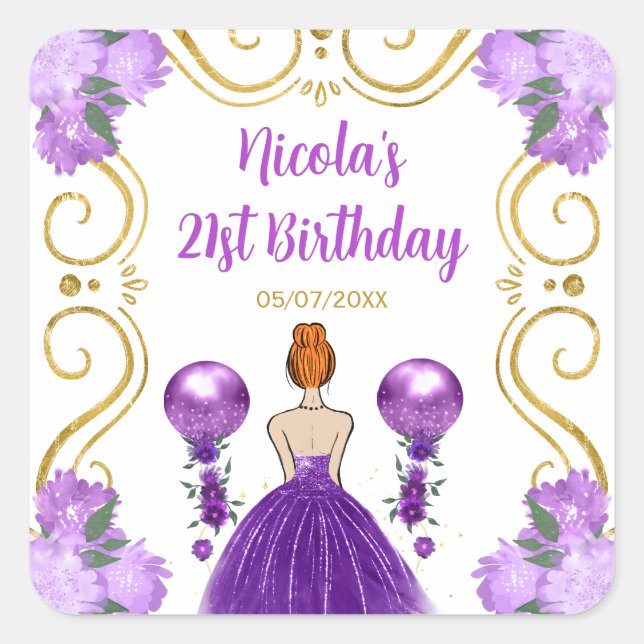 Pegatina Cuadrada Birthday Party Red Hair Princess in Purple (Anverso)