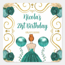 Pegatina Cuadrada Birthday Party Red Hair Princess in Teal