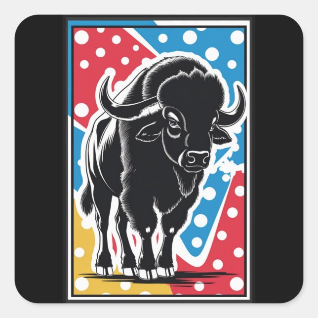 Pegatina Cuadrada Bison - Búfalo Pop Art (Anverso)