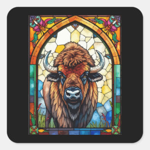Pegatina Cuadrada Bison Búfalo Vidrio Pintado Vida Silvestre Natural
