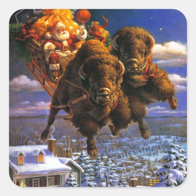 Pegatina Cuadrada Bison Pulling Santa Claus (Anverso)