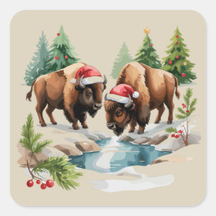 Pegatina Cuadrada Bisonte Búfalo Animal Occidental Fauna Navidad