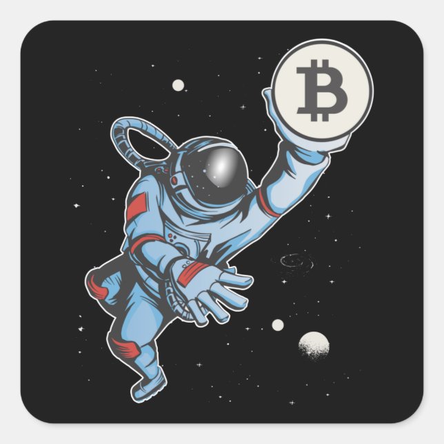 Pegatina Cuadrada Bitcoin al astronauta lunar (Anverso)