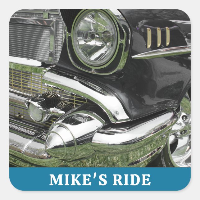 Pegatina Cuadrada Black 1957 Chevy Car, Nombre/Mensaje, Tu Foto/Arte (Anverso)