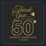 Pegatina Cuadrada Black And Gold 50th Birthday Gracias<br><div class="desc">50 cumpleaños gracias pegatinas en elegante tipografía de oro.</div>