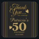 Pegatina Cuadrada Black And Gold 50th Birthday Party (Fiesta de Cump<br><div class="desc">50 cumpleaños gracias pegatinas en elegante tipografía de oro.</div>
