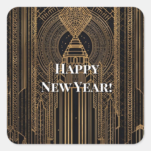 Pegatina Cuadrada Black and Gold Art Deco Party Hat (Anverso)