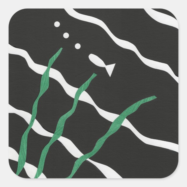 Pegatina Cuadrada Black and White Fish with bubbles and seaweed (Anverso)