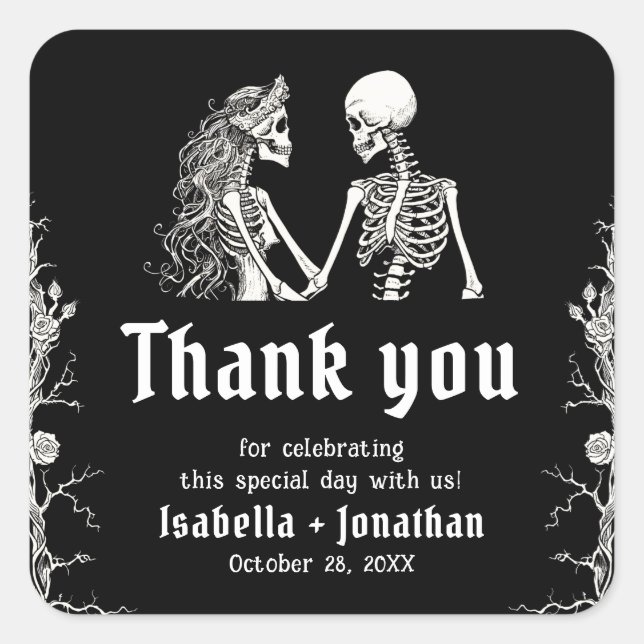 Pegatina Cuadrada Black and White Gothic Halloween Skeleton Wedding (Anverso)