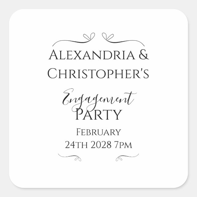 Pegatina Cuadrada Black and White Script Minimal Engagement Party (Anverso)