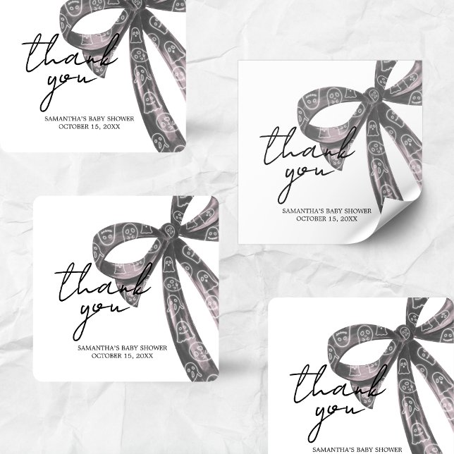 Pegatina Cuadrada Black Bow Halloween Baby Shower (Black Bow Little Boo Coquette Halloween Baby Shower Sticker)
