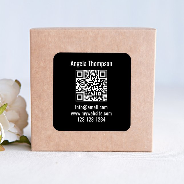 Pegatina Cuadrada Black Business QR Code Custom (Basic Black and white product sticker with scannable QR code template.)