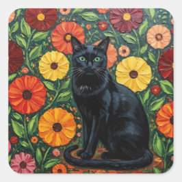 Pegatina Cuadrada Black Cat and Colorful Folk Art Flowers