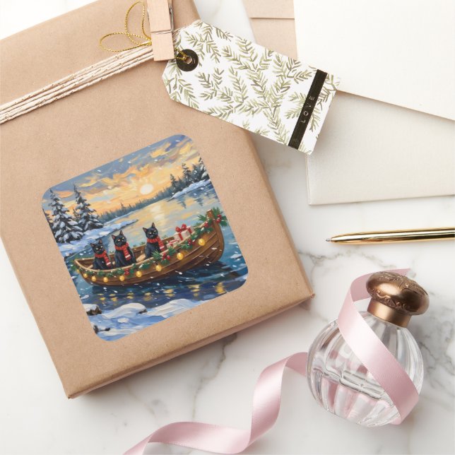 Pegatina Cuadrada Black Cat Christmas Boat Holiday (Regalar)