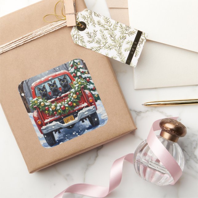 Pegatina Cuadrada Black Cat Christmas Red Truck Holiday (Regalar)