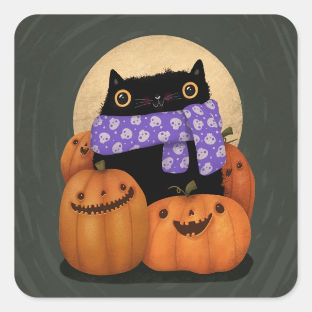 Pegatina Cuadrada Black Cat Fall Season Happy Halloween