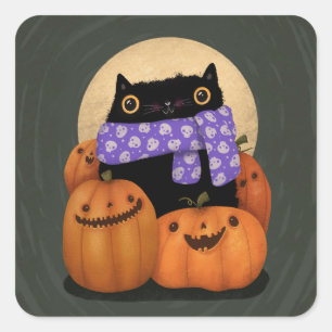 Pegatina Cuadrada Black Cat Fall Season Happy Halloween