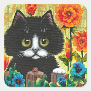 Pegatina Cuadrada Black Cat Flores Creationarts Square Sticker
