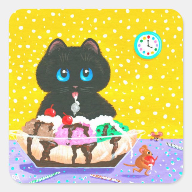 Pegatina Cuadrada Black Cat Ice Cream Creationarts Square Sticker (Anverso)