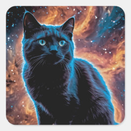 Pegatina Cuadrada Black cat in space