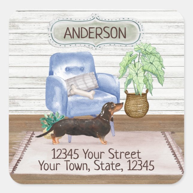 Pegatina Cuadrada Black Dachshund Cosy New Home Address (Anverso)