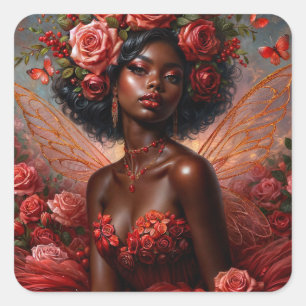 Pegatina Cuadrada Black Fairy Art con rosas rojas
