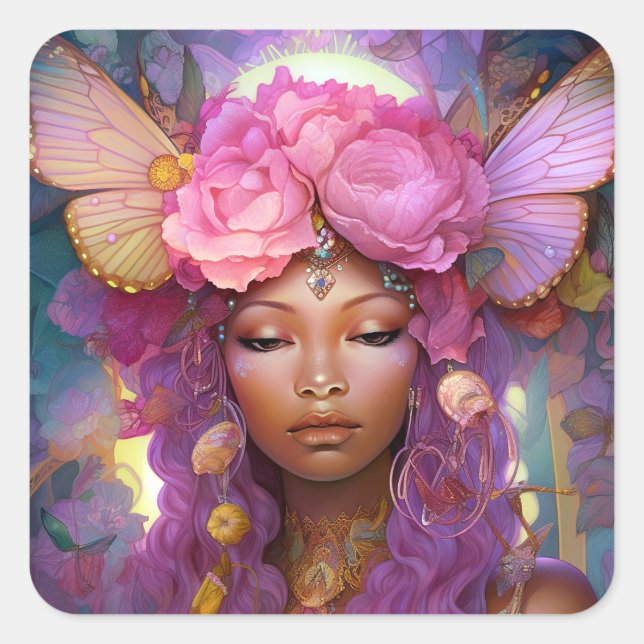 Pegatina Cuadrada Black Fairy Queen Pink Purple Fantasy Art (Anverso)