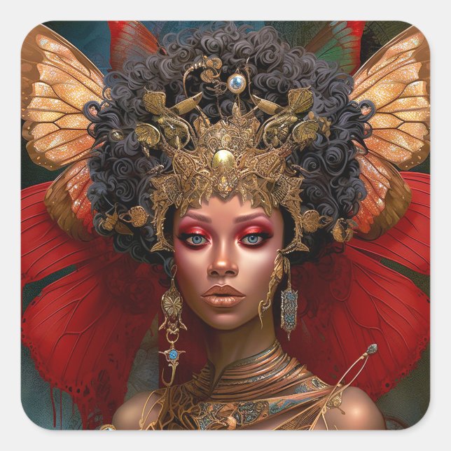 Pegatina Cuadrada Black Fairy Queen Red Gold Fairy Fantasma Art (Anverso)