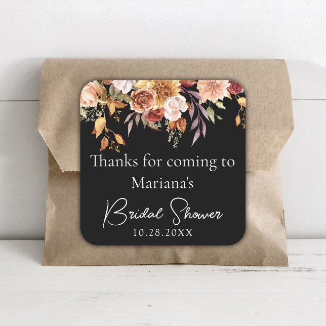 Pegatina Cuadrada Black Fall Floral Bridal Shower Favor (Subido por el creador)