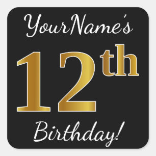 Pegatina Cuadrada Black, Faux Gold 12th Birthday + Custom Name