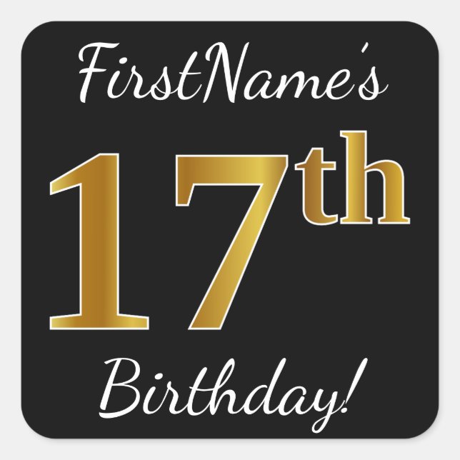 Pegatina Cuadrada Black, Faux Gold 17th Birthday + Custom Name (Anverso)