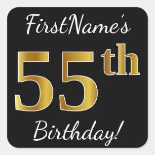 Pegatina Cuadrada Black, Faux Gold 55th Birthday + Custom Name