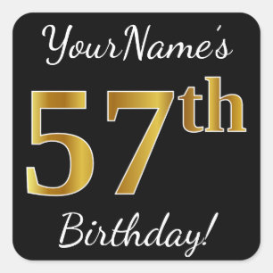 Pegatina Cuadrada Black, Faux Gold 57th Birthday + Custom Name