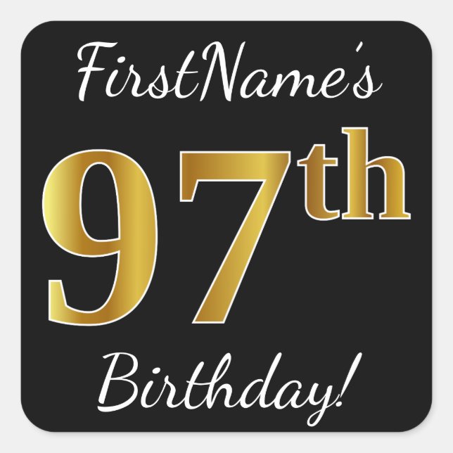Pegatina Cuadrada Black, Faux Gold 97th Birthday + Custom Name (Anverso)