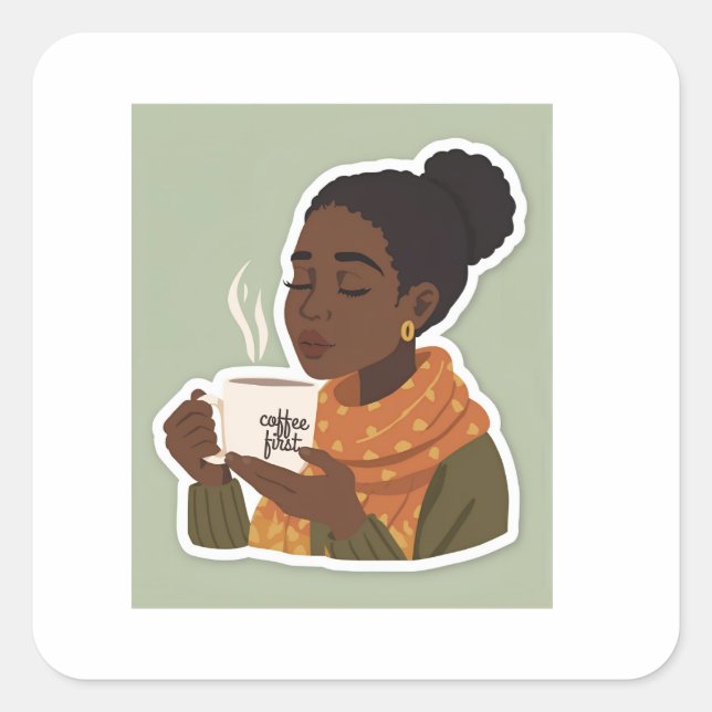Pegatina Cuadrada Black Female drinking coffee sticker (Anverso)
