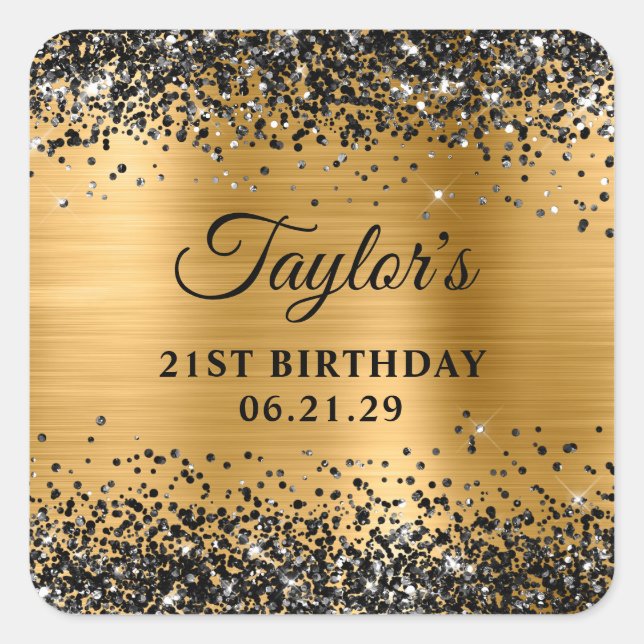 Pegatina Cuadrada Black Glitter Gold Foil 21st Birthday (Anverso)