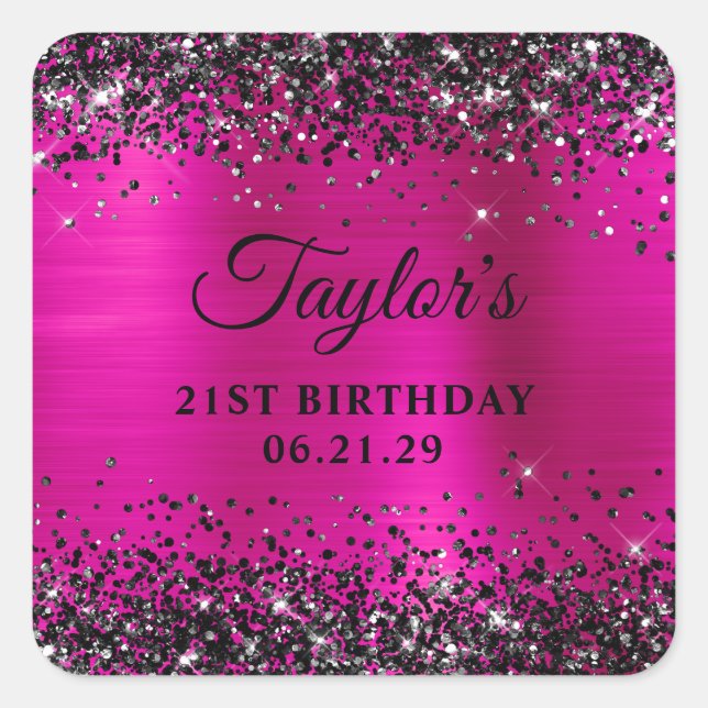 Pegatina Cuadrada Black Glitter Hot Pink Foil 21st Birthday (Anverso)