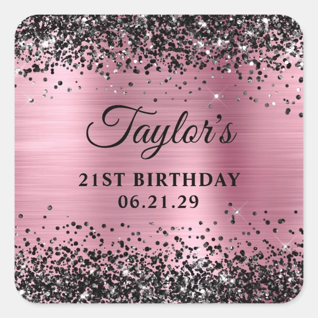 Pegatina Cuadrada Black Glitter Pink Foil 21st Birthday (Anverso)