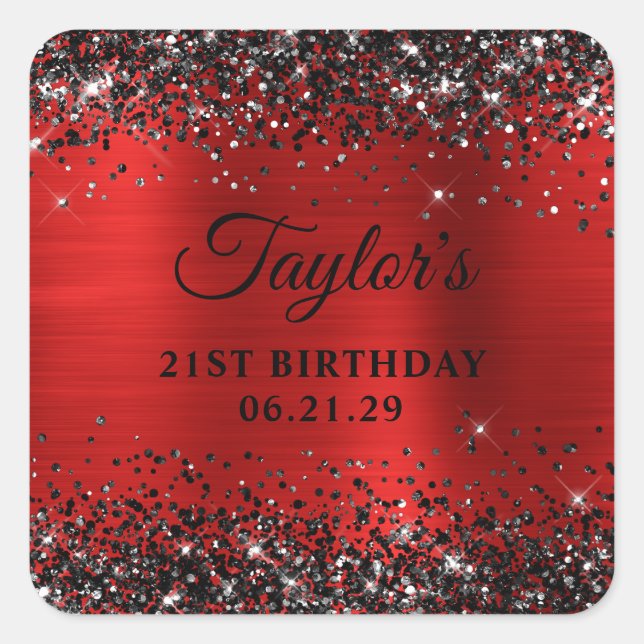 Pegatina Cuadrada Black Glitter Red Foil 21st Birthday (Anverso)