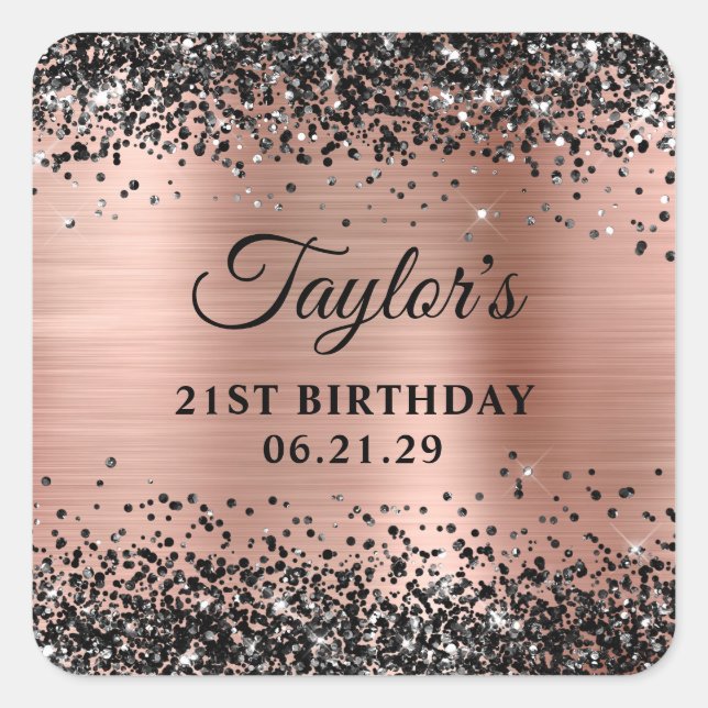 Pegatina Cuadrada Black Glitter Rose Gold Foil 21st Birthday (Anverso)