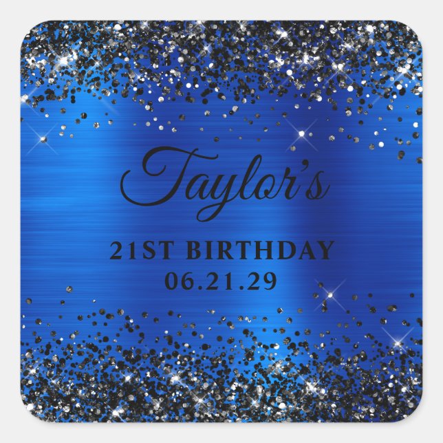 Pegatina Cuadrada Black Glitter Royal Blue Foil 21st Birthday (Anverso)